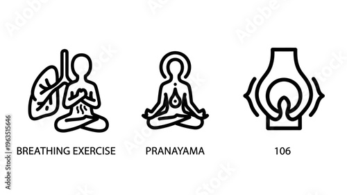 Yoga and breathing exercise icons: lungs, seated meditation, and energy flow. simple line graphics representing wellness, health, and mindfulness