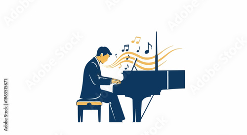 Man playing grand piano with musical notes and flowing lines