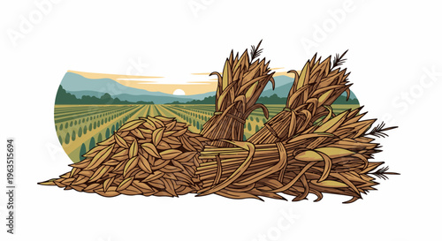 Harvested grain stalks tied in bundles and piled with loose grains in a field