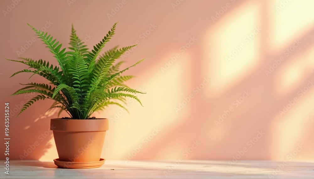 Fototapeta premium Green fern plant in terra cotta pot sits on wooden surface. Sunlight casts shadows on soft peach wall, creating peaceful indoor atmosphere, ideal for home decor.