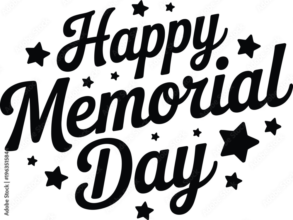 Fototapeta premium Happy memorial day lettering design with stars scattered around script typography vector.