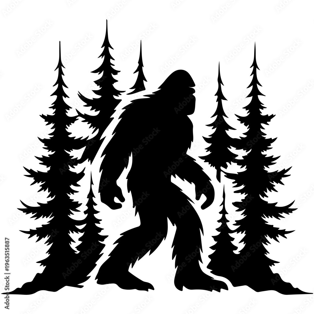 Fototapeta premium Mysterious bigfoot figure standing among dark forest trees silhouette