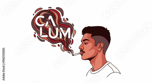 Man exhales smoke with letters forming clouds of color