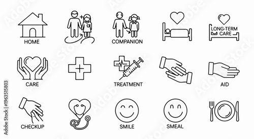Healthcare and support icons home, companions, care, medical treatment, and aid