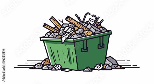 Green dumpster filled with construction debris like wood, rocks, and metal