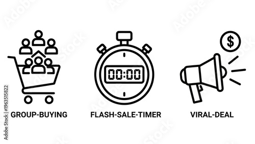 Group buying, flash sale timer, and viral deal icons: e-commerce marketing, promotions, and online retail line art vector