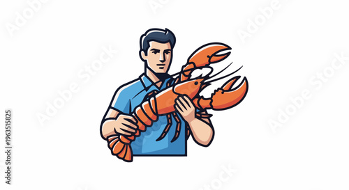 Man in blue shirt holding a large orange lobster with claws raised