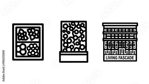 Living facade green architecture icons: sustainable building design, vertical gardens, and eco-friendly urban development vector