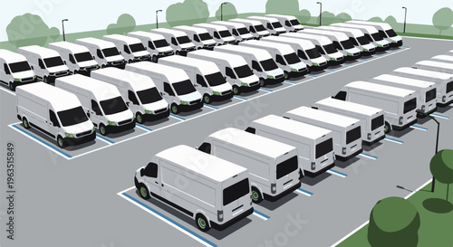 Many white delivery vans are parked in neat rows in a lot