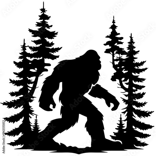 Mysterious sasquatch figure standing among dense forest trees silhouette