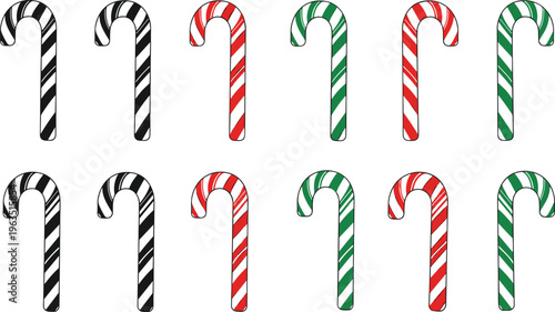 Festive candy cane illustration collection with twelve striped designs, black white red green variations, holiday Christmas decoration artwork, sweet seasonal pattern