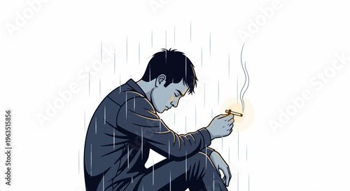 Man in dark clothes sits alone in the rain, smoking a cigarette
