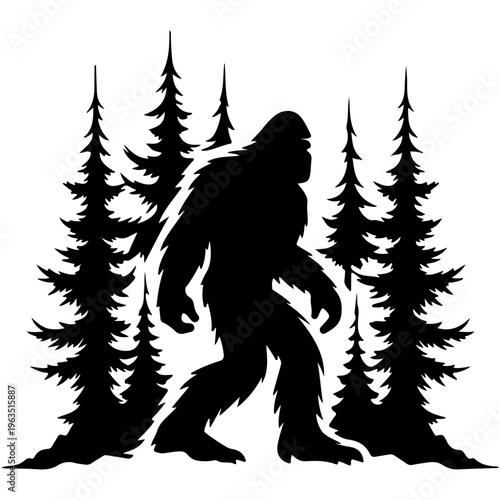 Mysterious bigfoot figure standing among dark forest trees silhouette