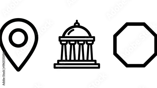 Location pin, government building, and octagon shape vector icons for civic and geographical concepts
