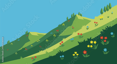 Green rolling hills dotted with colorful wildflowers under a clear blue sky