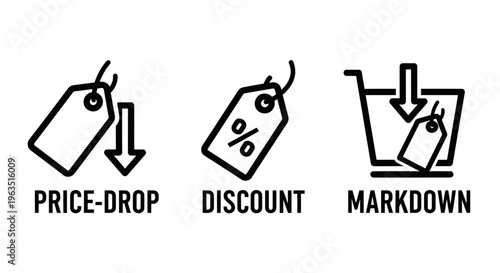 Price drop, discount, and markdown icons set for retail sales, e-commerce promotions, shopping offers, and marketing campaigns