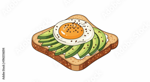 Hearty toasted bread with creamy spread, sliced avocado, and a fried egg