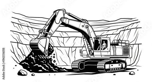 Excavator Digging in a Quarry, Heavy Machinery Illustration.