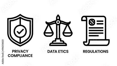 Privacy compliance, data ethics, and regulations icons set for legal affairs, business governance, and digital security standards