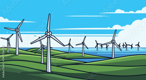 Green rolling hills meet a blue ocean with numerous wind turbines