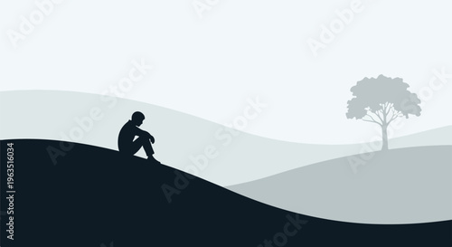 Lone figure sits on a dark hill, contemplating nature's vastness