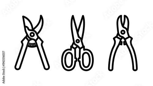 Gardening and diy tools icons set featuring pruning shears, scissors, and pliers for horticulture, craft, and home repair