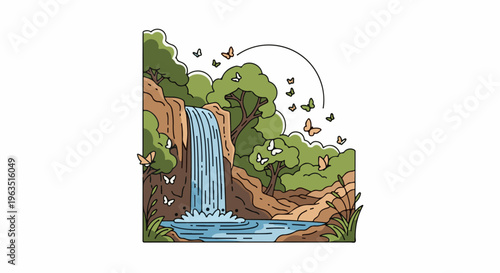 Idyllic waterfall scene with trees and many butterflies fluttering around