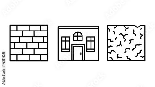 Minimalist line art icons depicting building materials, architectural structures, and cracked surfaces for design elements