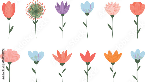 Flower Illustration Set Featuring Various Floral Designs in Pastel Shades with Green Stems and Leaves