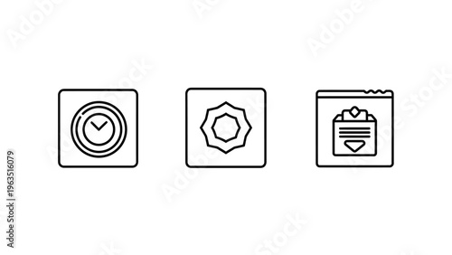 Web interface icons representing time management, general settings, and financial notification elements for digital platforms