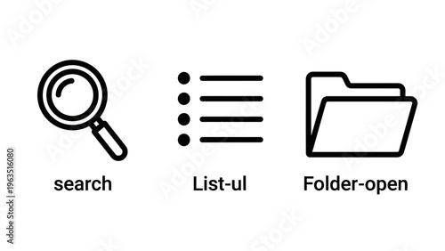 User interface navigation icons for search functionality, content lists, and open folders in modern digital applications
