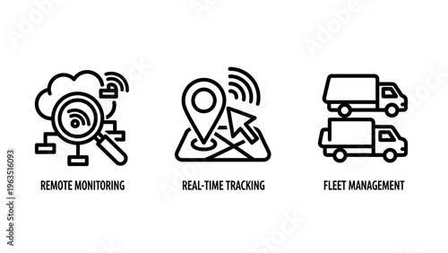 Logistics and transportation management icons for remote monitoring, real-time tracking, and efficient fleet operations