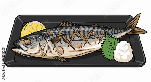 Grilled fish with lemon slice, shredded radish, and green leaf on tray