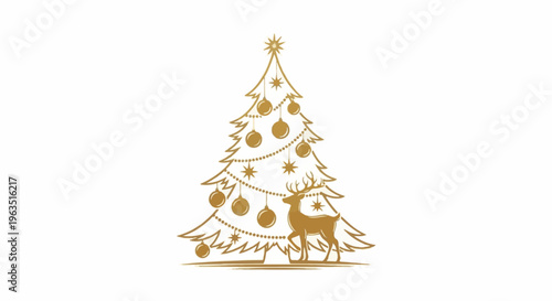 Golden Christmas tree adorned with baubles, stars, and a graceful reindeer