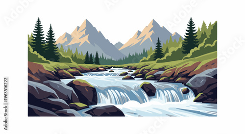 Gentle mountain river flows through rocky terrain with pine trees