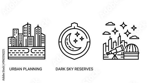 Urban planning, dark sky reserves, and stargazing cityscape outline icons for astronomical and environmental concepts
