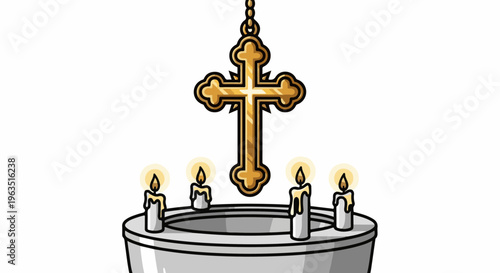 Golden cross hanging above lit candles around a basin