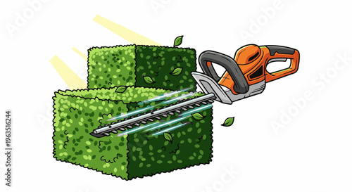 Hedge trimmer shaping green bushes with sunlight and leaves falling