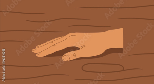 Gentle hand resting on textured brown surface