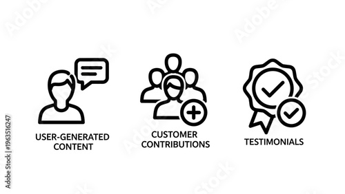 User-generated content, customer contributions, and testimonials icons set for digital marketing and feedback platforms