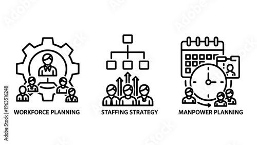 Workforce planning, staffing strategy, and manpower management icons set for human resources development