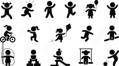 children, activities, icons, set, kids, playing, jumping, running, cycling, reading, kite, skipping, swing, slide, silhouette, vector, illustration, childhood, fun, leisure
