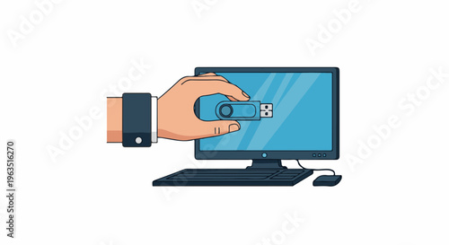 Hand inserts flash drive into computer monitor