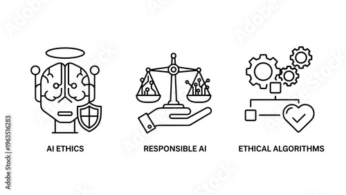 Ai ethics, responsible artificial intelligence, and ethical algorithms icons for technology and social issues