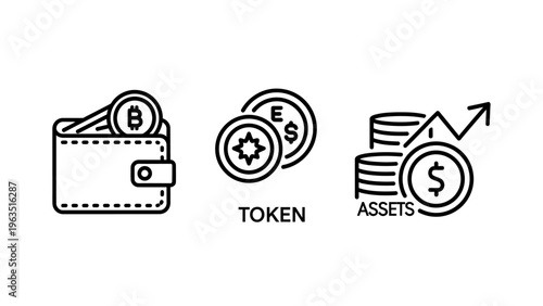 Digital crypto wallet, token, and growing financial assets icons set for blockchain and investment themes