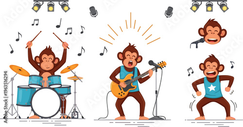 Cute Monkey Music Band Cartoon Set with Drummer Guitarist Singer and Dancing Character, Fun Animal Musicians for Kids Illustration, Entertainment and Vector Design