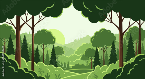 Lush green forest landscape with a path winding through rolling hills and a soft sun