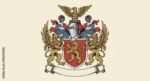 Heraldic crest with lion, griffins, eagle, helmet, and banner