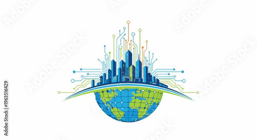 Futuristic cityscape integrated with global digital network