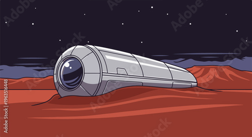 Futuristic capsule rests on a desolate, red, alien planet under a starry sky